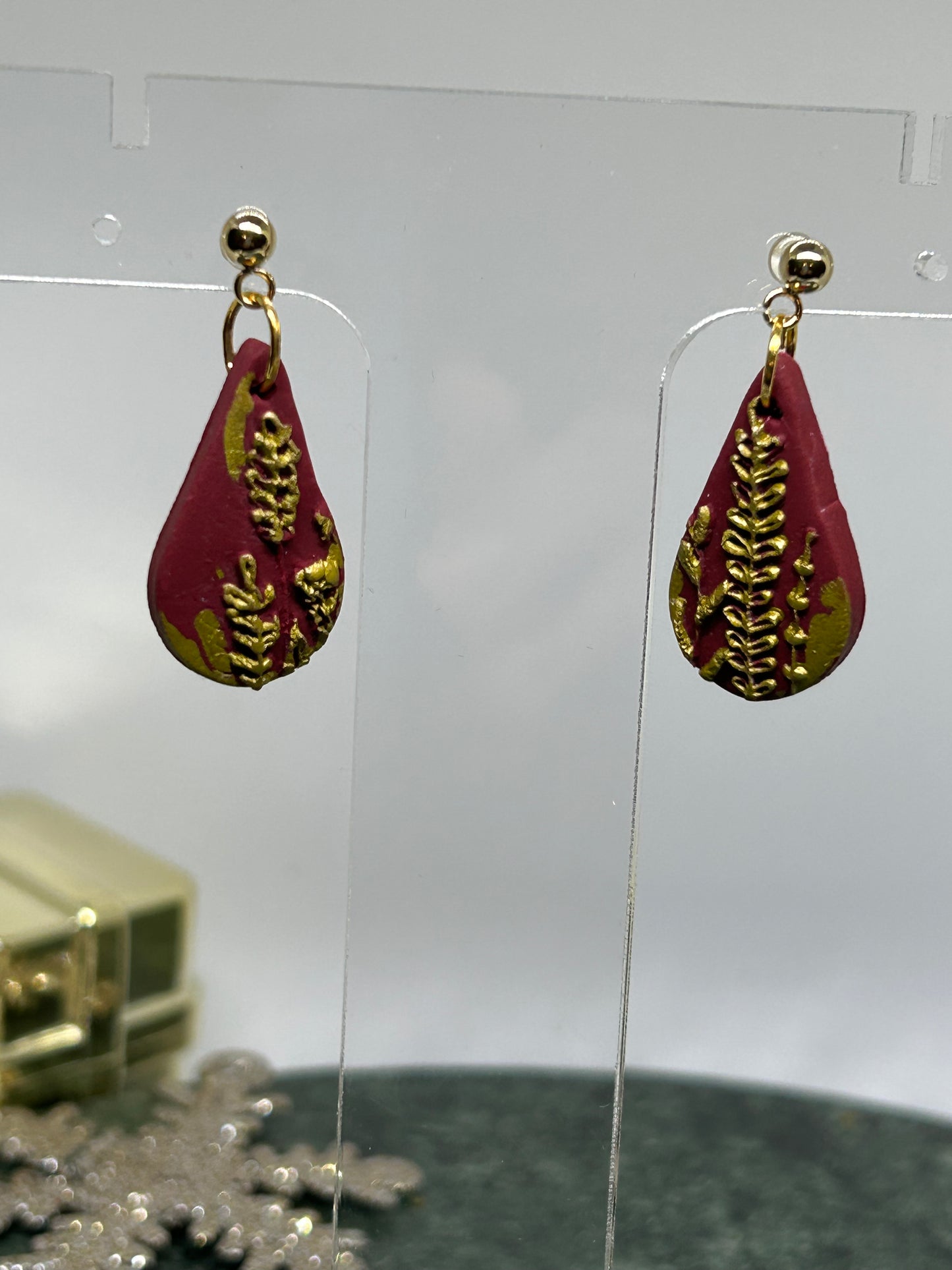 Maroon tear drops with embossed hand painted meadow flowers dangle earrings pierced earrings gift for her