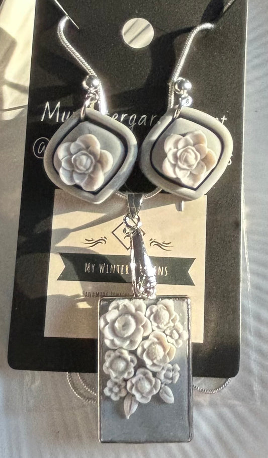 Unique Vintage Heirloom Coquette  Silver, Grey, and White Floral Earrings and Pendant on Silver plated chain Gift for her/woman/lady/Mom/Mother/Sister/Daughter/Wife/Girlfriend/Grandma/Grandmother/Aunt/friend