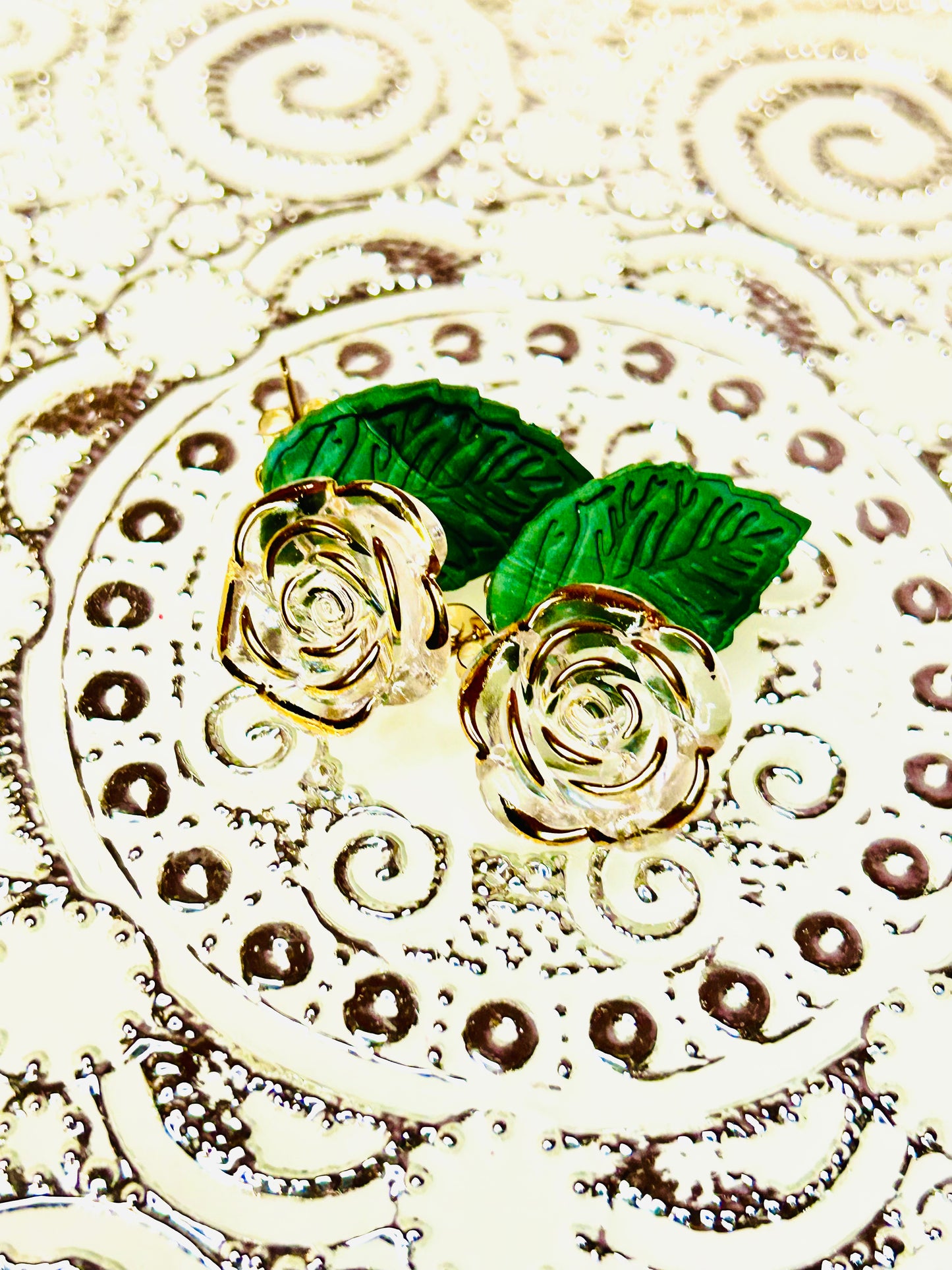 Translucent roses with green leaves dangle earrings for pierced ears gift for girl woman