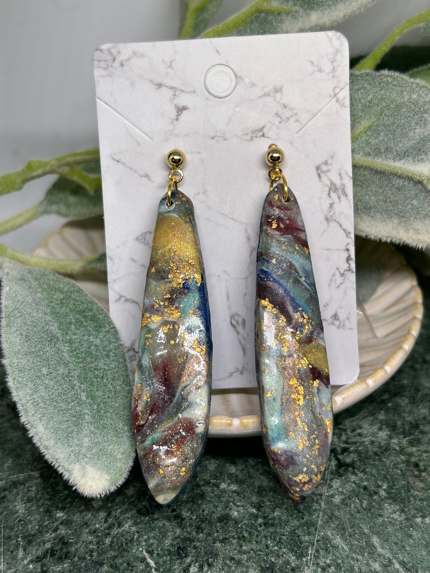 Long Marbled statement earrings in muted tones embellished with gold gift idea jewelry