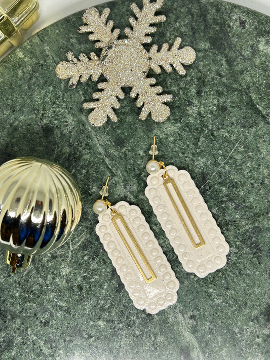 White and Gold Rectangular dangle earrings for pierced ears gift for her