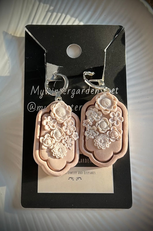 Unique Vintage Heirloom Coquette Pale Beige/Tan and White Floral dangly earrings on lever back stainless steel hoops for pierced ears Gift for her/woman/lady/Mom/Mother/Sister/Daughter/Wife/Girlfriend/Grandma/Grandmother/Aunt/friend