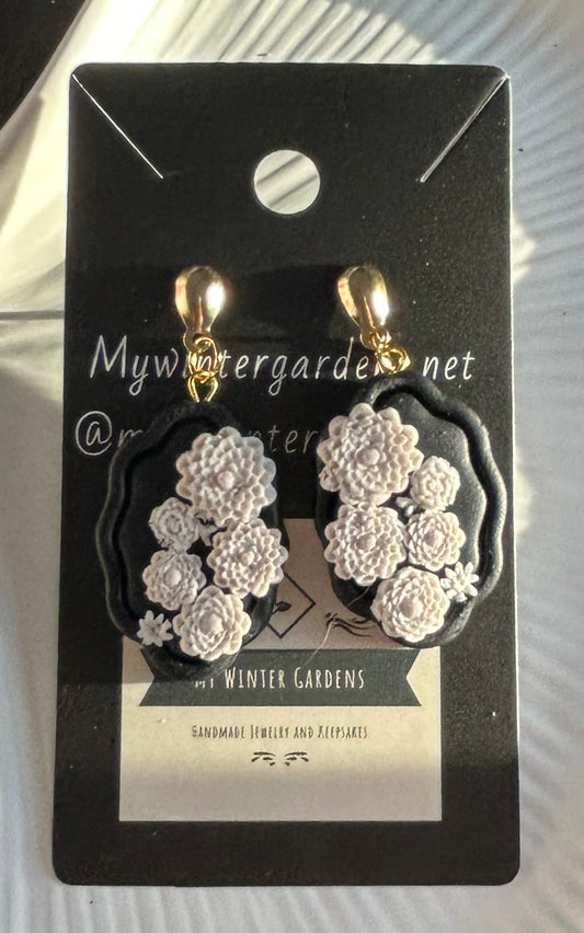 Unique Vintage Heirloom Coquette Gun Metal Grey and white Floral dangly earrings on gold plated posts for pierced ears Gift for her/woman/lady/Mom/Mother/Sister/Daughter/Wife/Girlfriend/Grandma/Grandmother/Aunt/friend