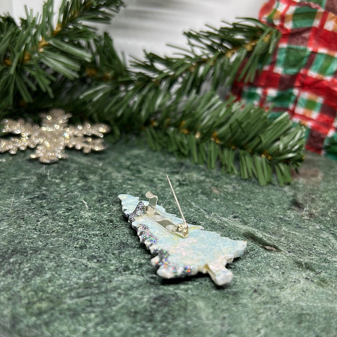 Holographic sparkly silver Christmas holiday tree hat/lapel/bag pin jewelry gift idea