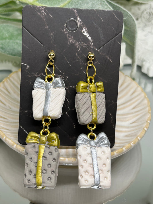 Gold and silver holiday Gift box dangle earrings jewelry gift for her