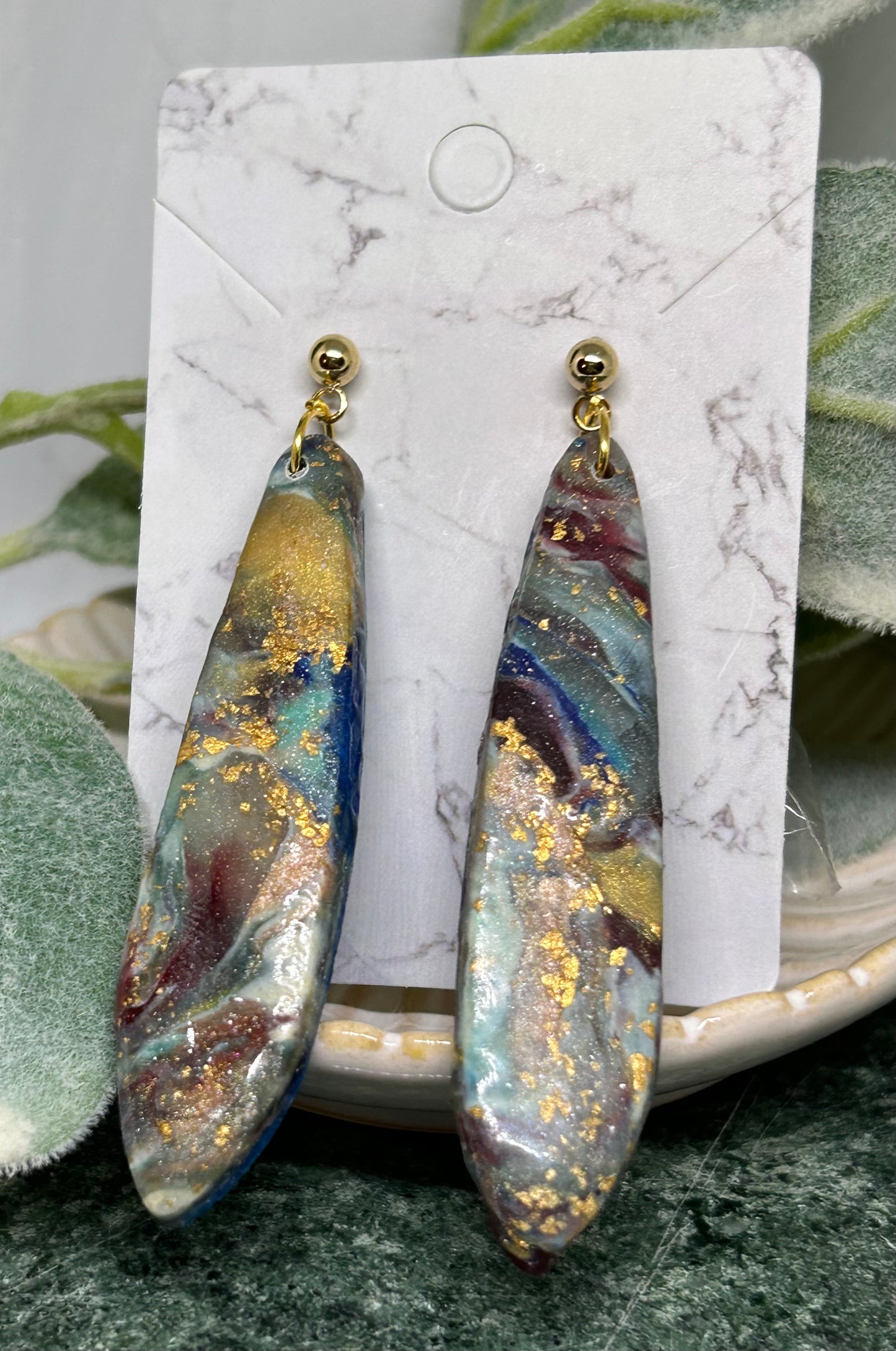 Long Marbled statement earrings in muted tones embellished with gold gift idea jewelry