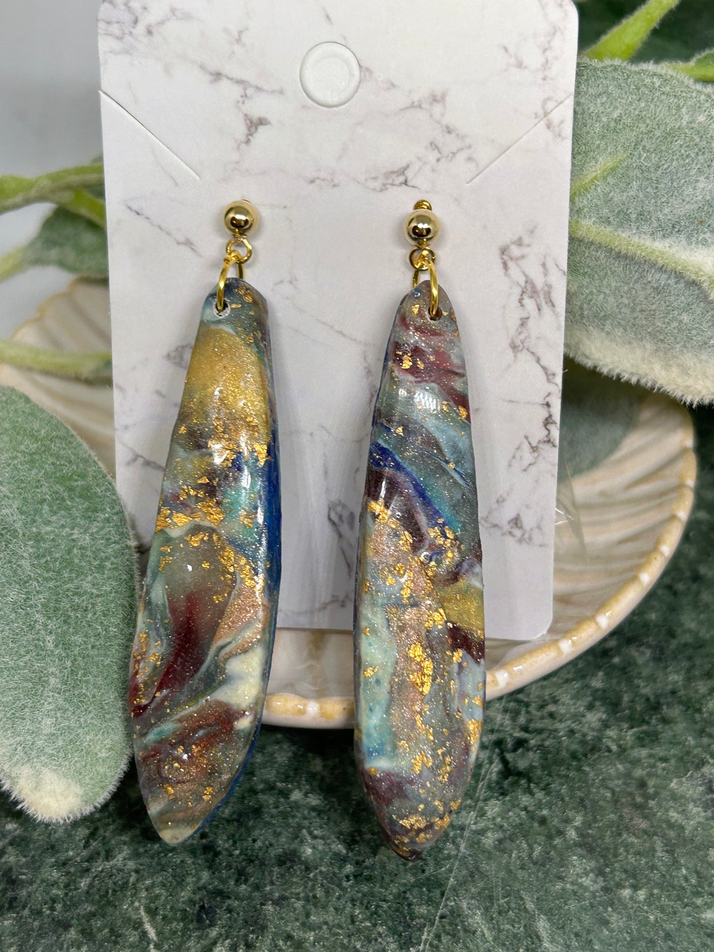 Long Marbled statement earrings in muted tones embellished with gold gift idea jewelry