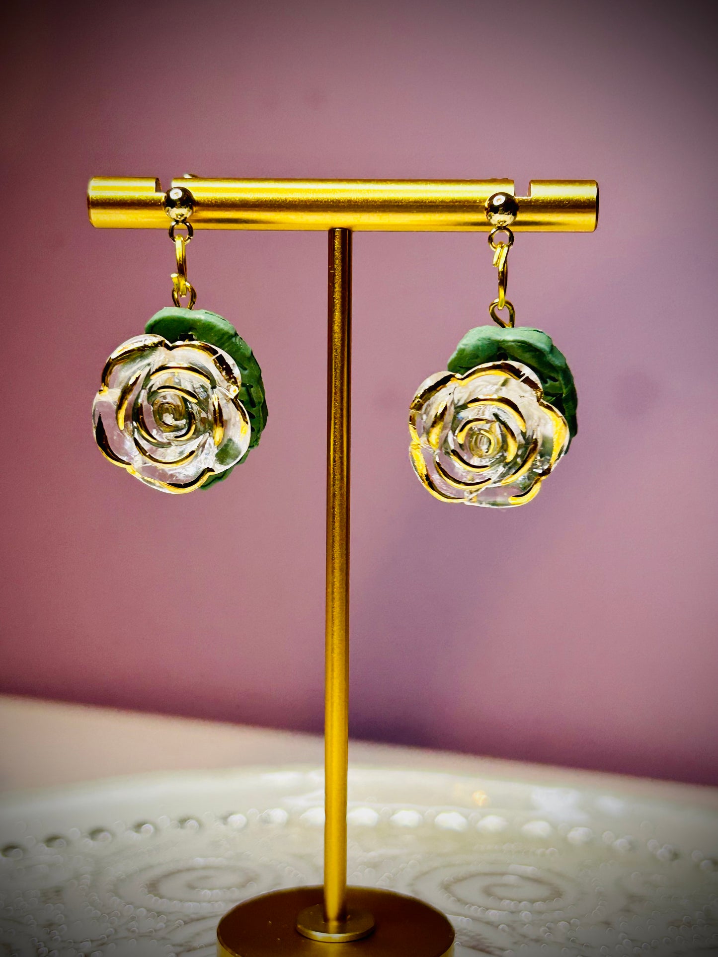 Translucent roses with green leaves dangle earrings for pierced ears gift for girl woman