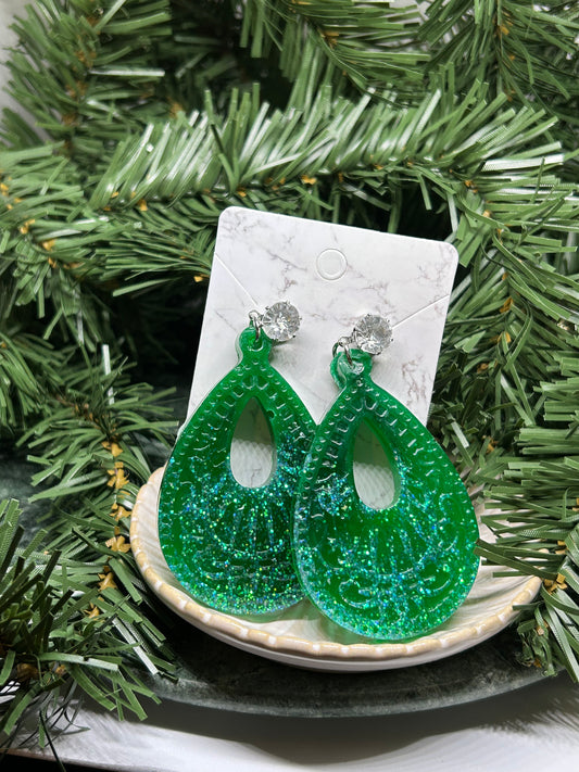 Glittery emerald green embossed tear drop dangle earrings with CZ gift for her