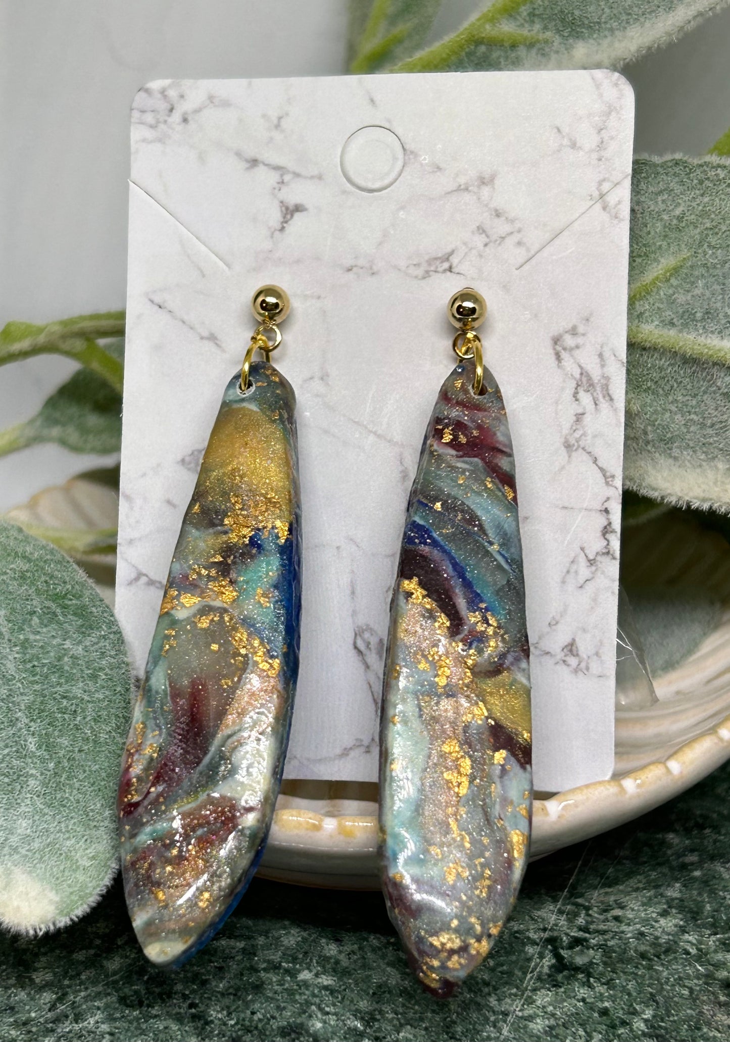 Long Marbled statement earrings in muted tones embellished with gold gift idea jewelry