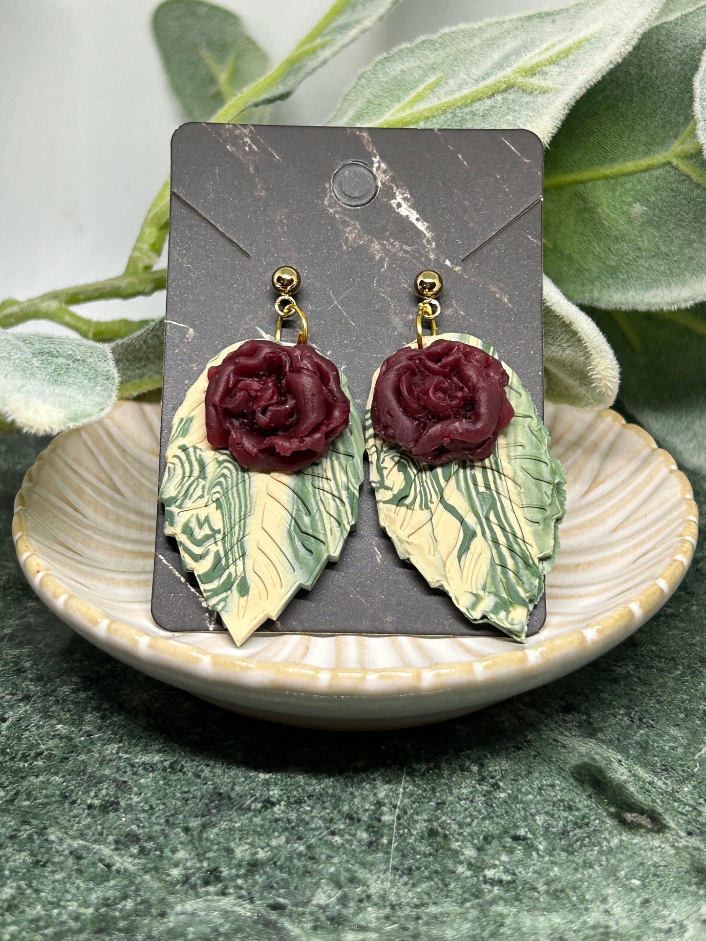 Leafy abstract floral maroon Rose dangle earrings statement jewelry gift idea