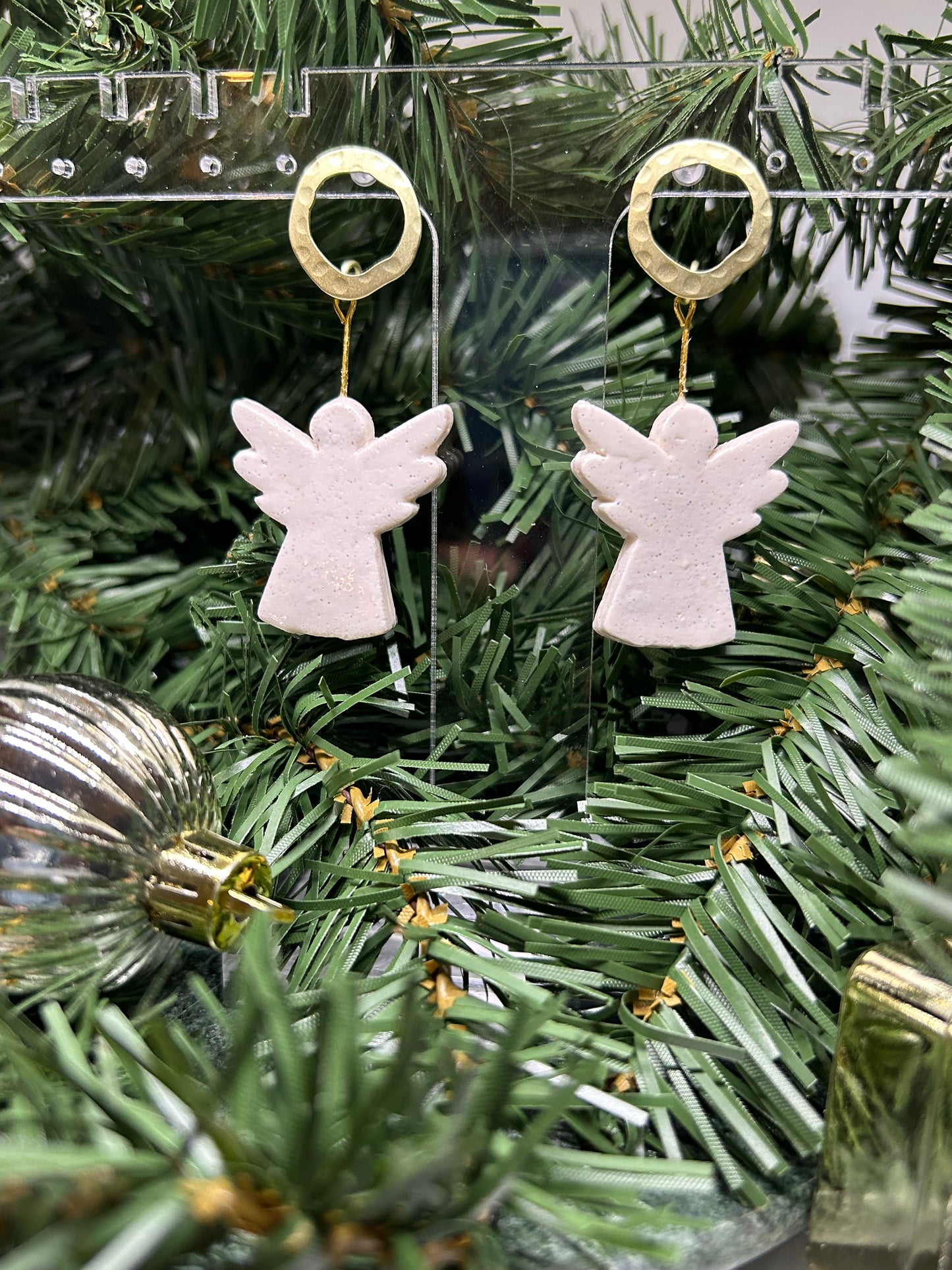 White Sparkle Guardian Angels with Gold halos dangle earrings gift for her