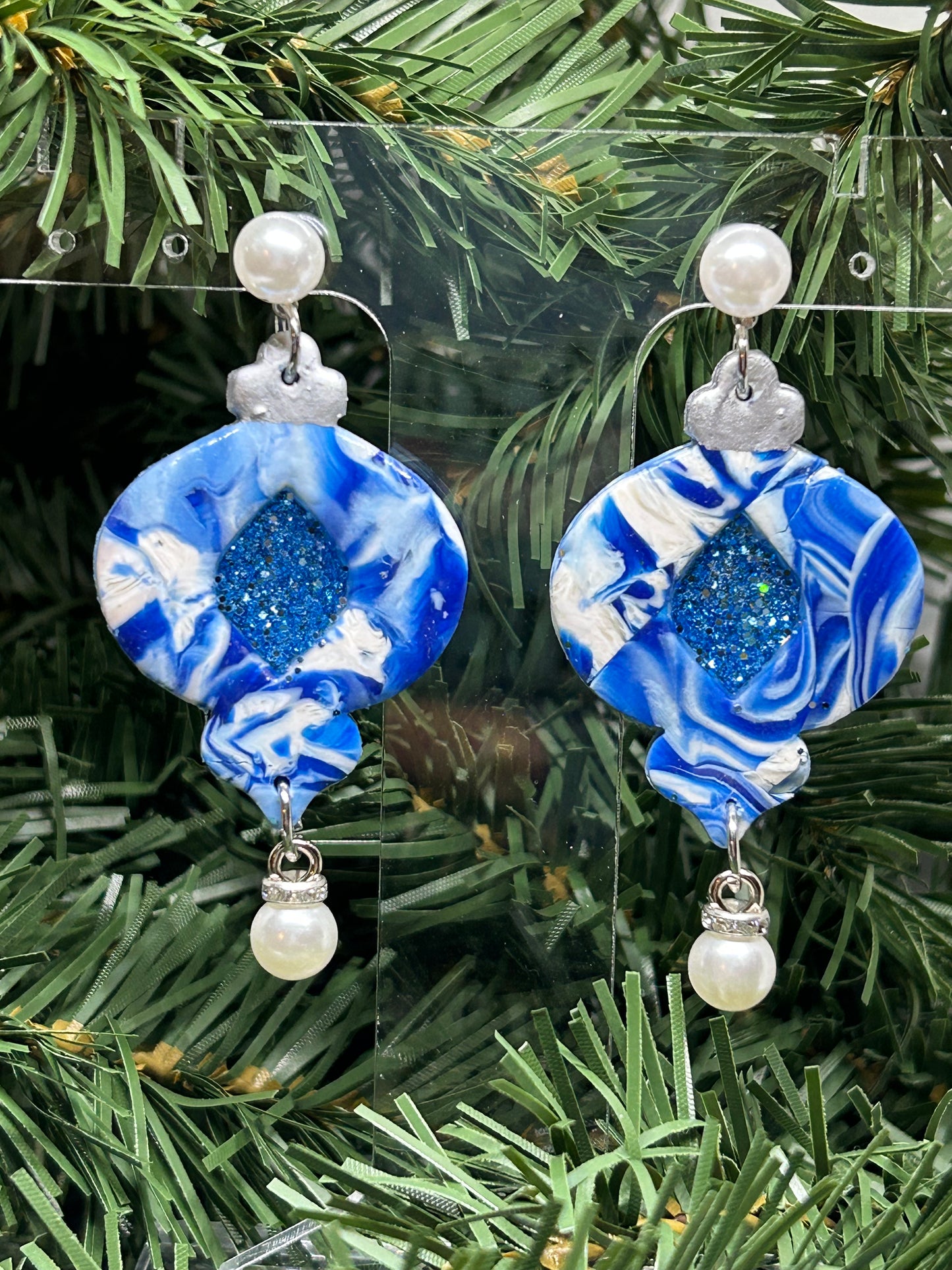 Blue and White swirled Christmas ornament dangle earrings with faux pearl embellishments gifts for her