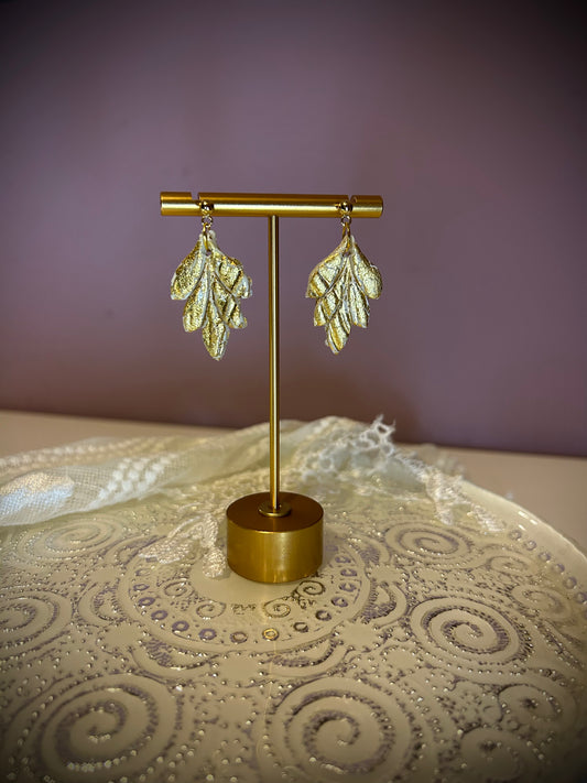 Gold leaf foil dangle earrings on 18k gold plated ball pushback posts/studs for pierced ears beautiful gift with a touch of class for her/woman/girl bridal wedding formal accessory