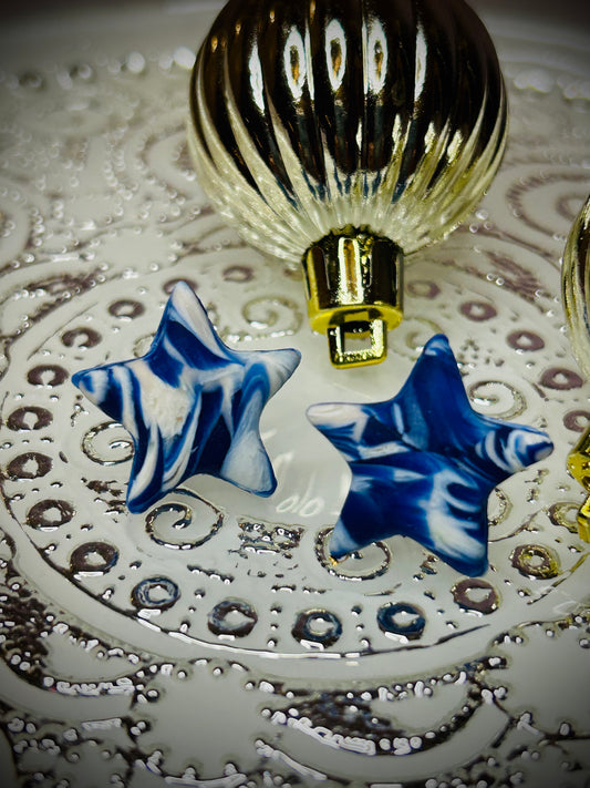 Blue and white tie dye stars stud earrings for pierced ears gift for girl