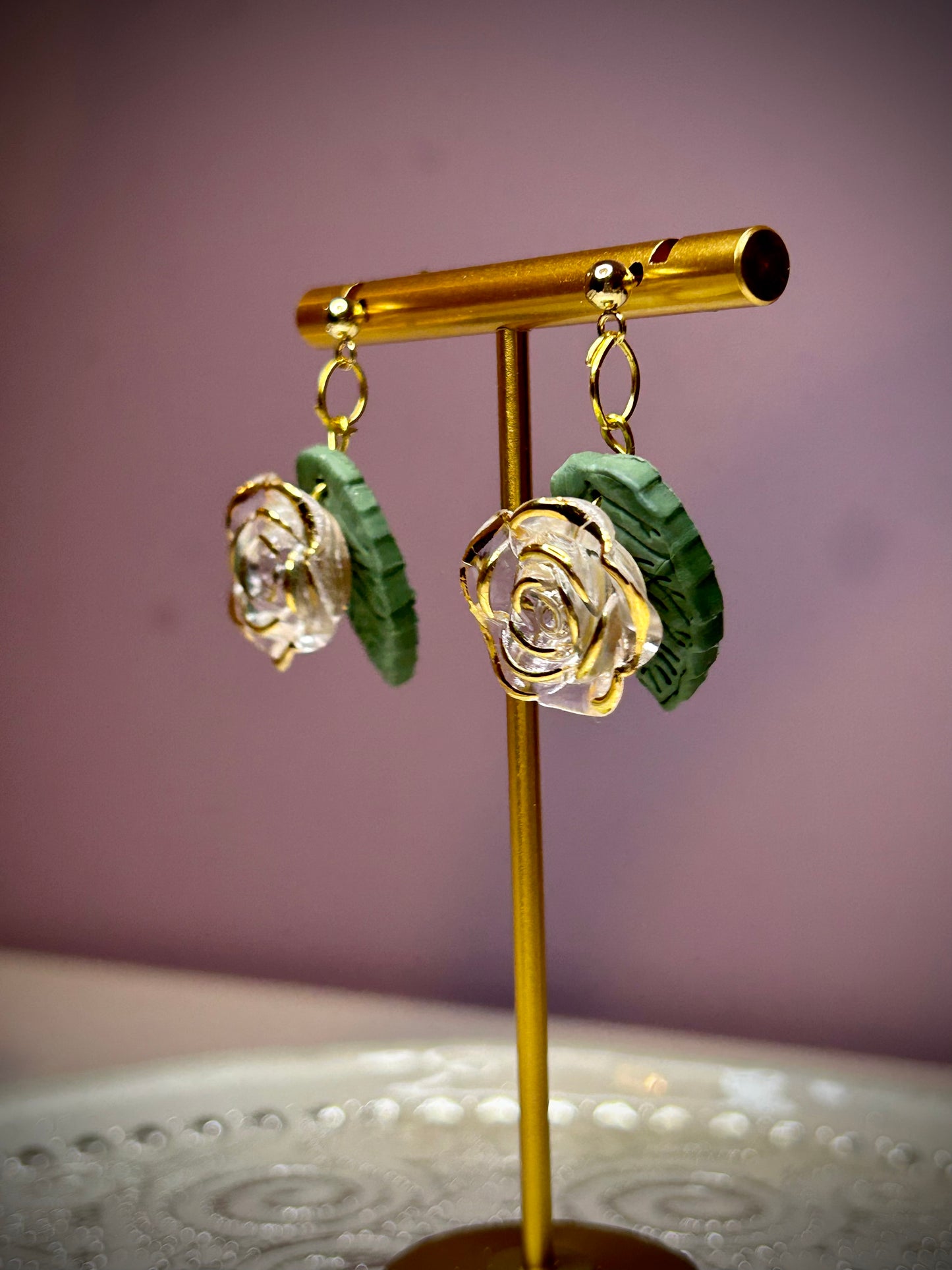 Translucent roses with green leaves dangle earrings for pierced ears gift for girl woman