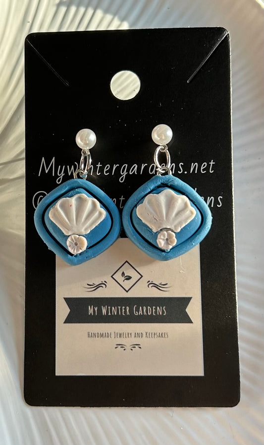 Unique Vintage Heirloom Coquette Wedgewood blue and white seashell and sand dollar framed tear drop on created pearl pierced earring posts Gift for her/woman/lady/Mom/Mother/Sister/Daughter/Aunt/Wife/Girlfriend/Grandma/Grandmother