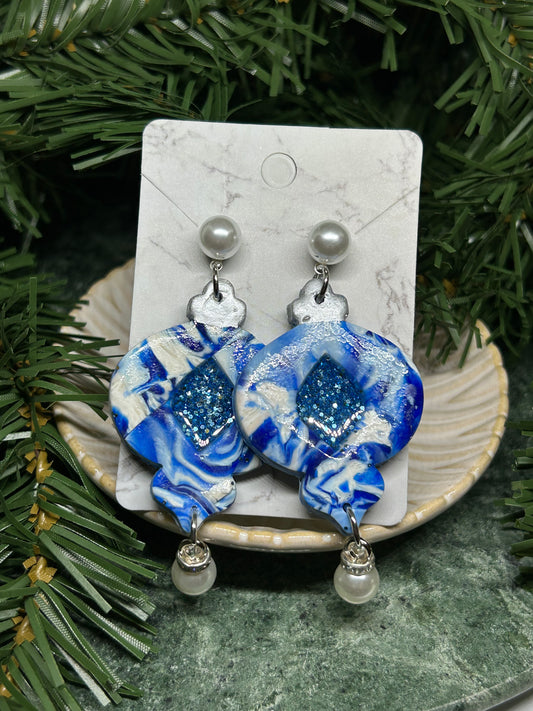 Blue and White swirled Christmas ornament dangle earrings with faux pearl embellishments gifts for her