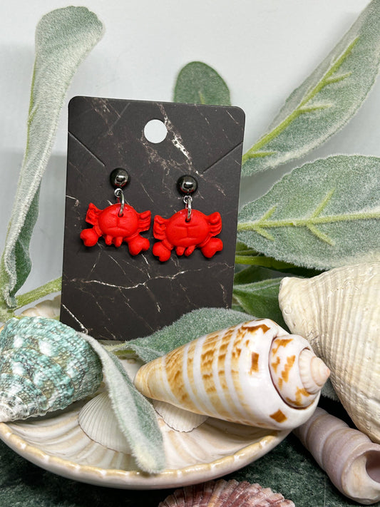 Red Baby Crab dangle earrings with rare hematite jewelry gift idea