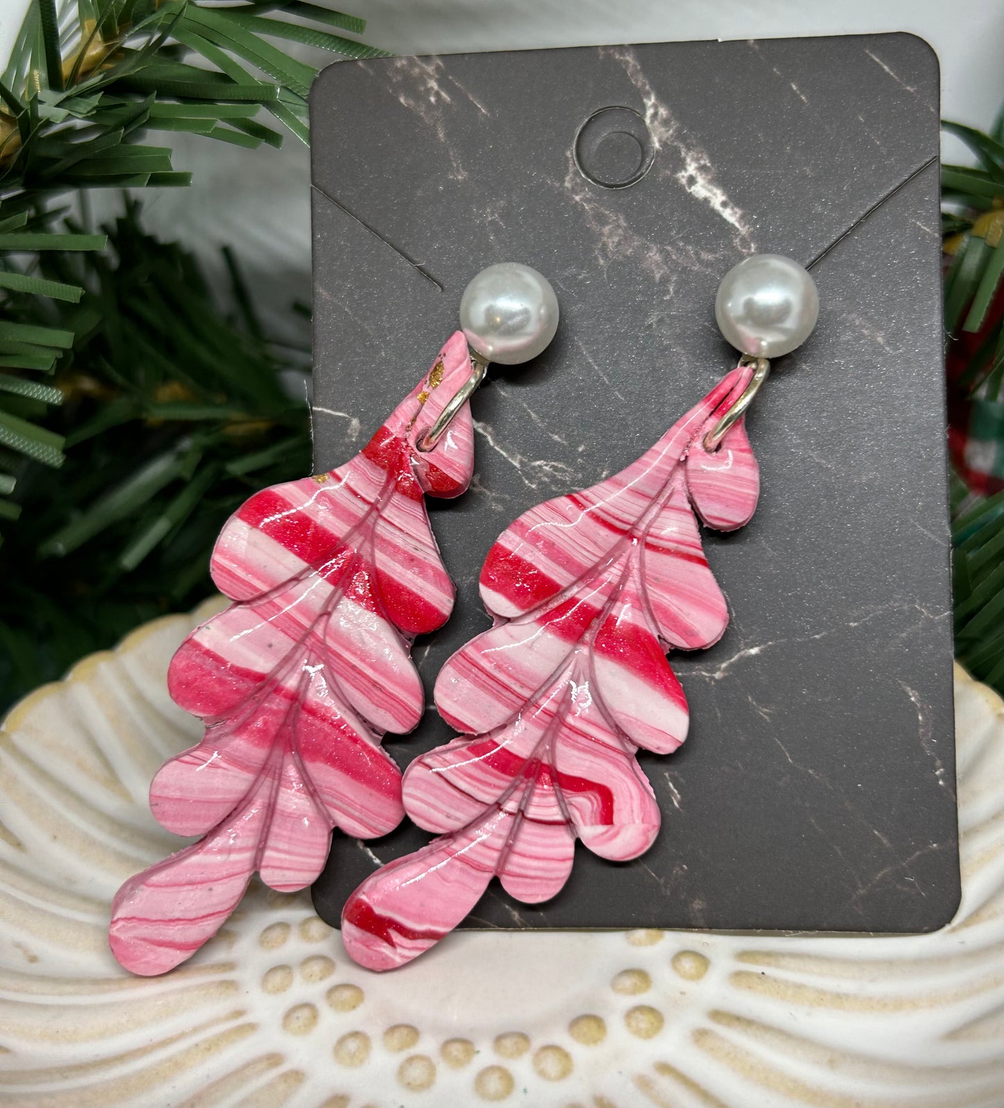 Candy stripe holiday leafy dangle earrings jewelry gift ideas