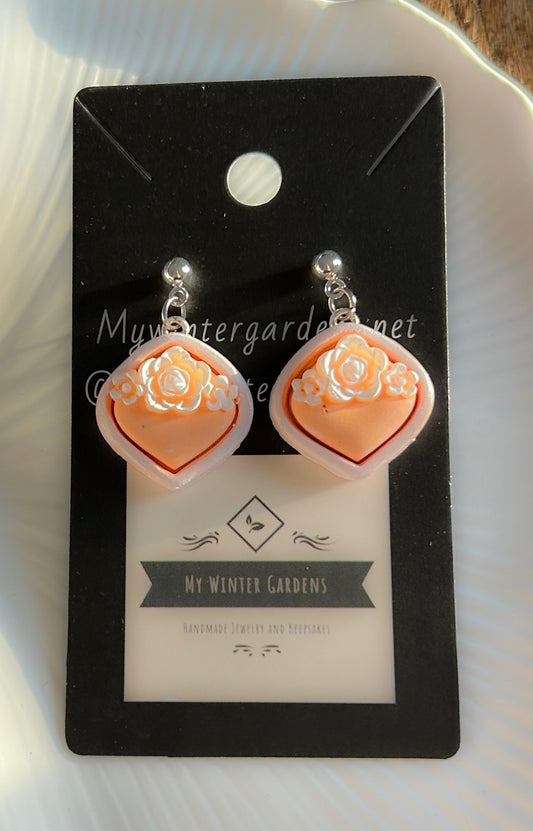 Unique Vintage Heirloom Coquette ornate handpainted white flowers framed by pastel peach dangly pierced earrings on silver plated posts Gift for her/woman/lady/Mom/Mother/Sister/Daughter/Aunt/Wife/Girlfriend/Grandma/Grandmother