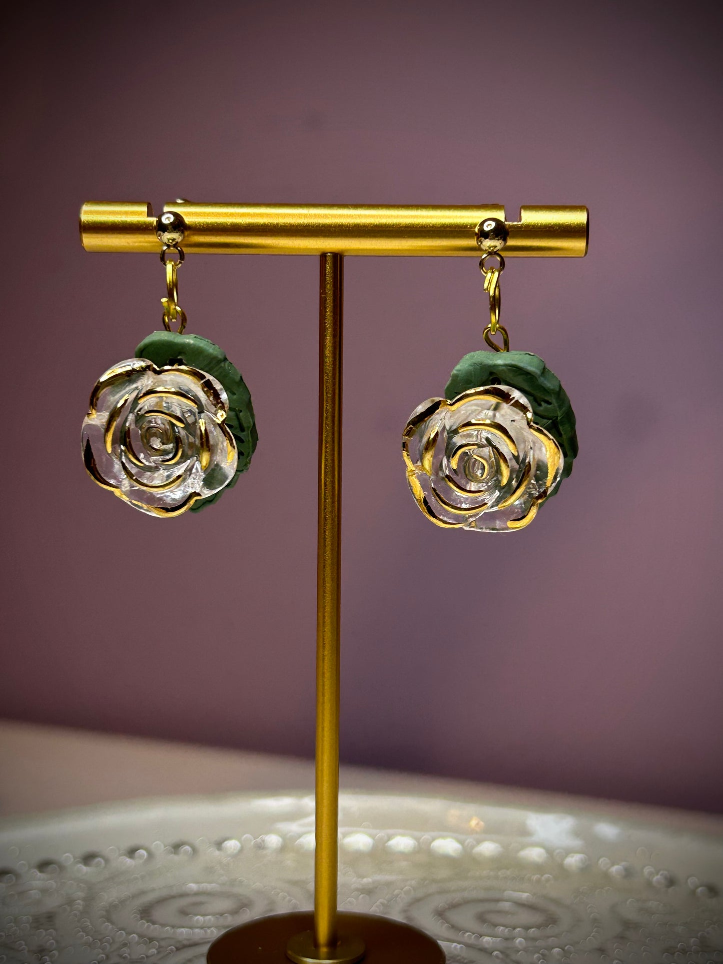 Translucent roses with green leaves dangle earrings for pierced ears gift for girl woman