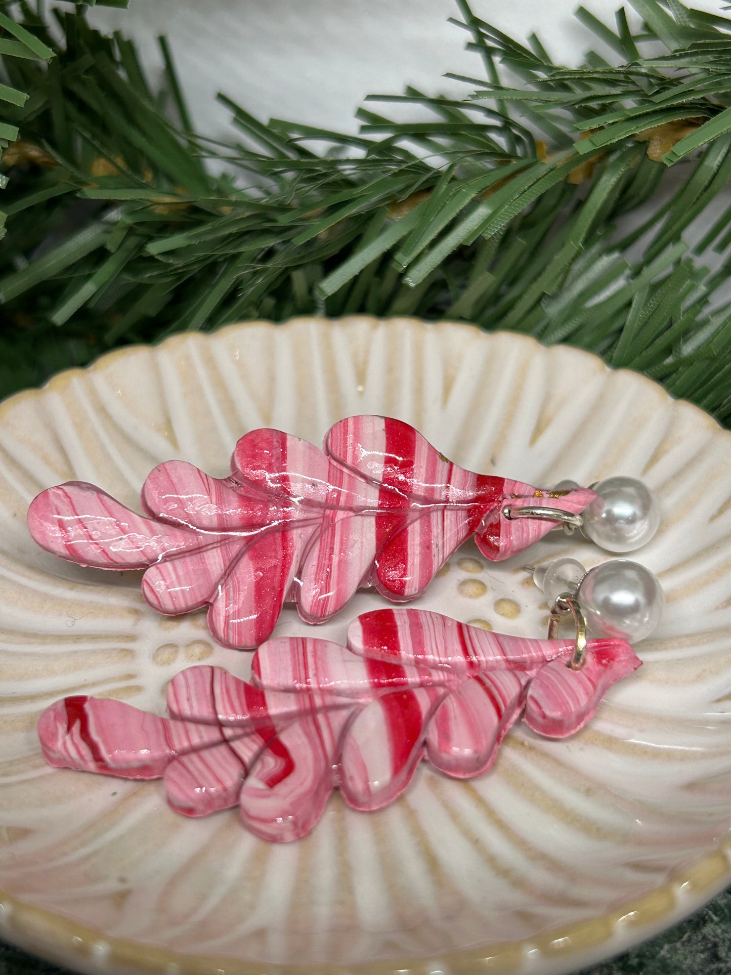 Candy stripe holiday leafy dangle earrings jewelry gift ideas