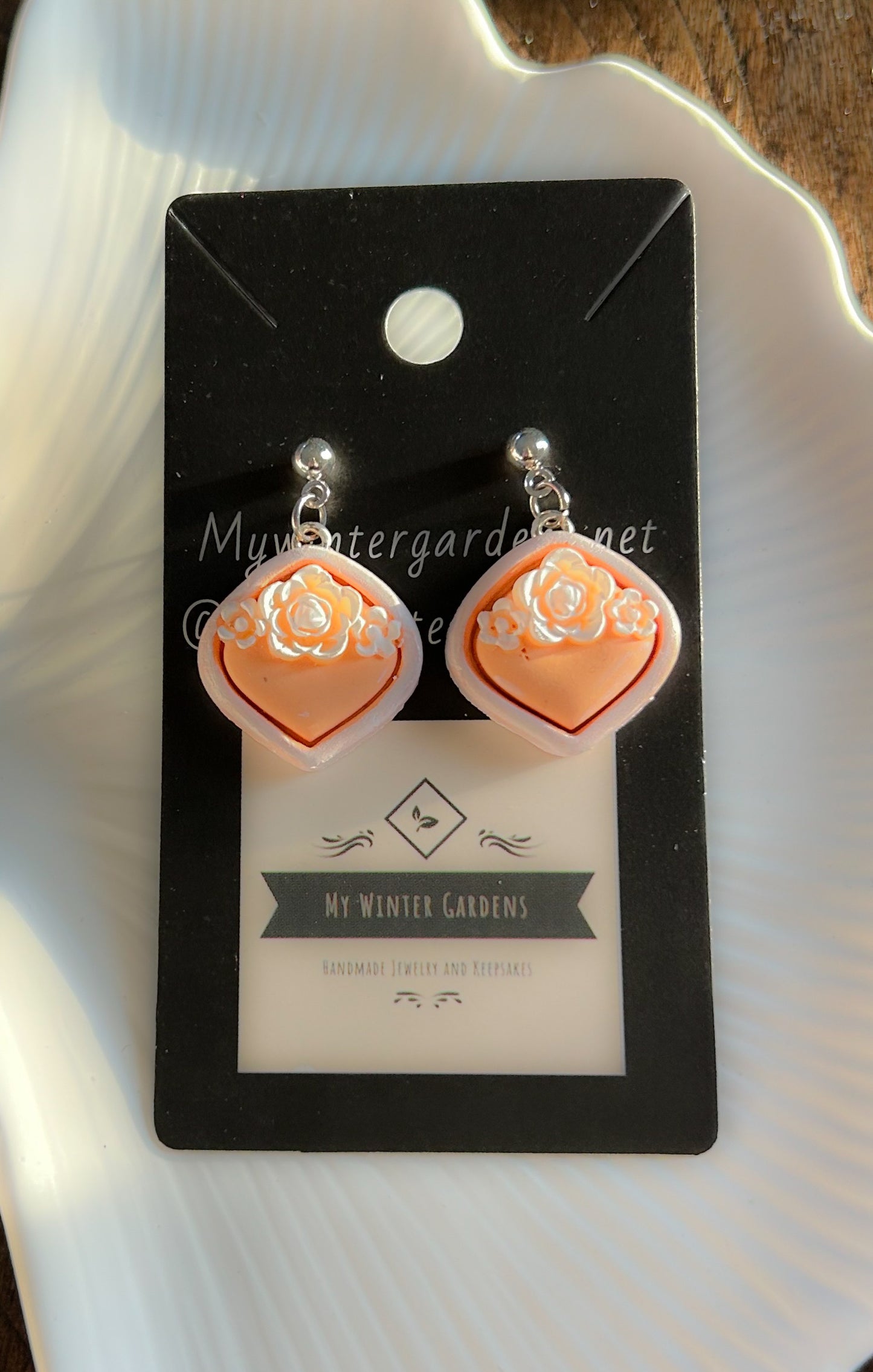 Unique Vintage Heirloom Coquette ornate handpainted white flowers framed by pastel peach dangly pierced earrings on silver plated posts Gift for her/woman/lady/Mom/Mother/Sister/Daughter/Aunt/Wife/Girlfriend/Grandma/Grandmother