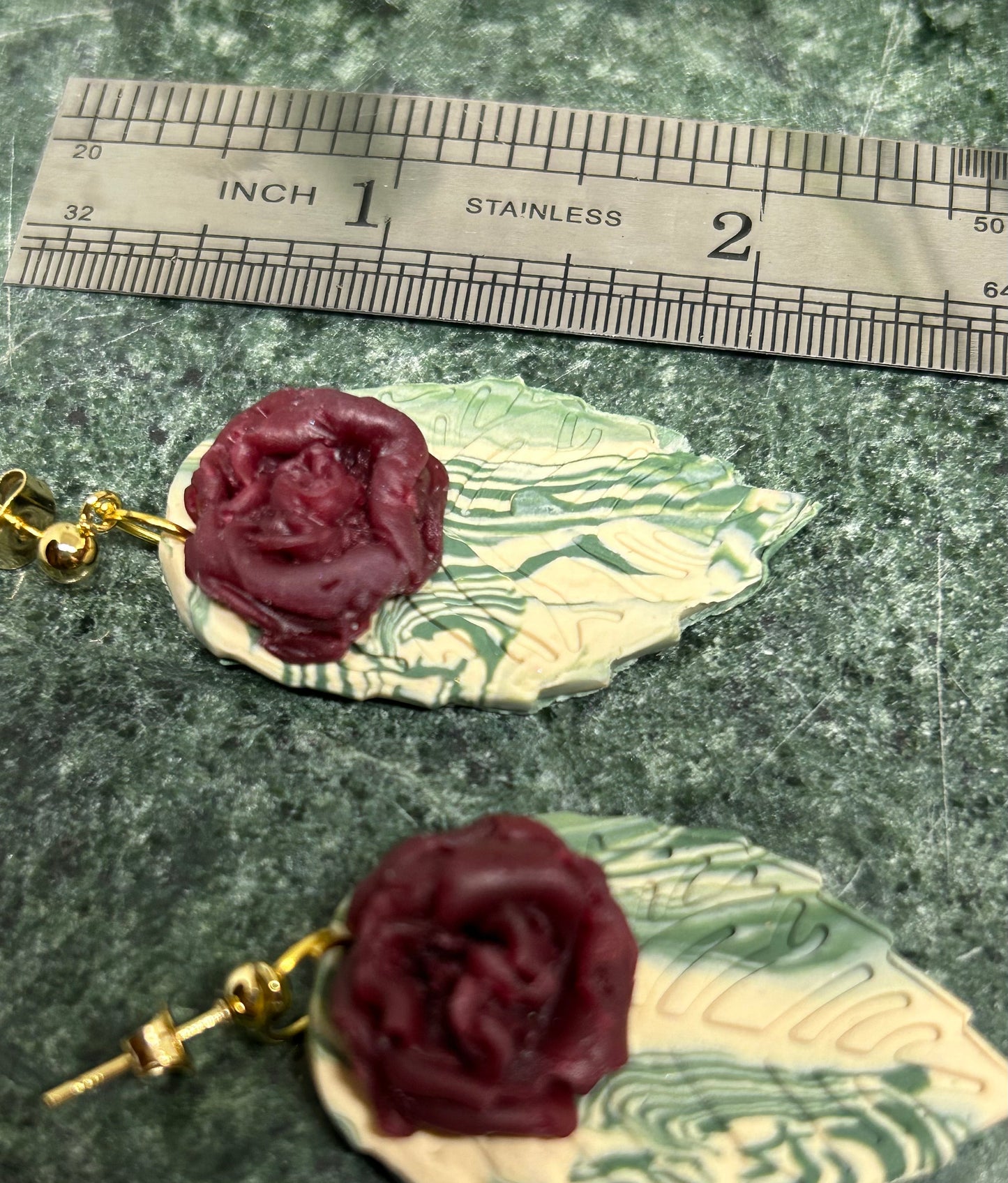 Leafy abstract floral maroon Rose dangle earrings statement jewelry gift idea