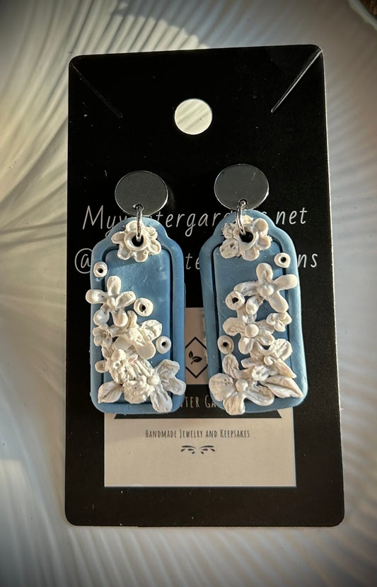 Unique Vintage Heirloom Coquette Wedgewood blue dangly pierced earrings featuring detailed white flower bouquets dangly pierced earrings on stainless steel posts Gift for her/woman/lady/Mom/Mother/Sister/Daughter/Aunt/Wife/Girlfriend/Grandma/Grandmother