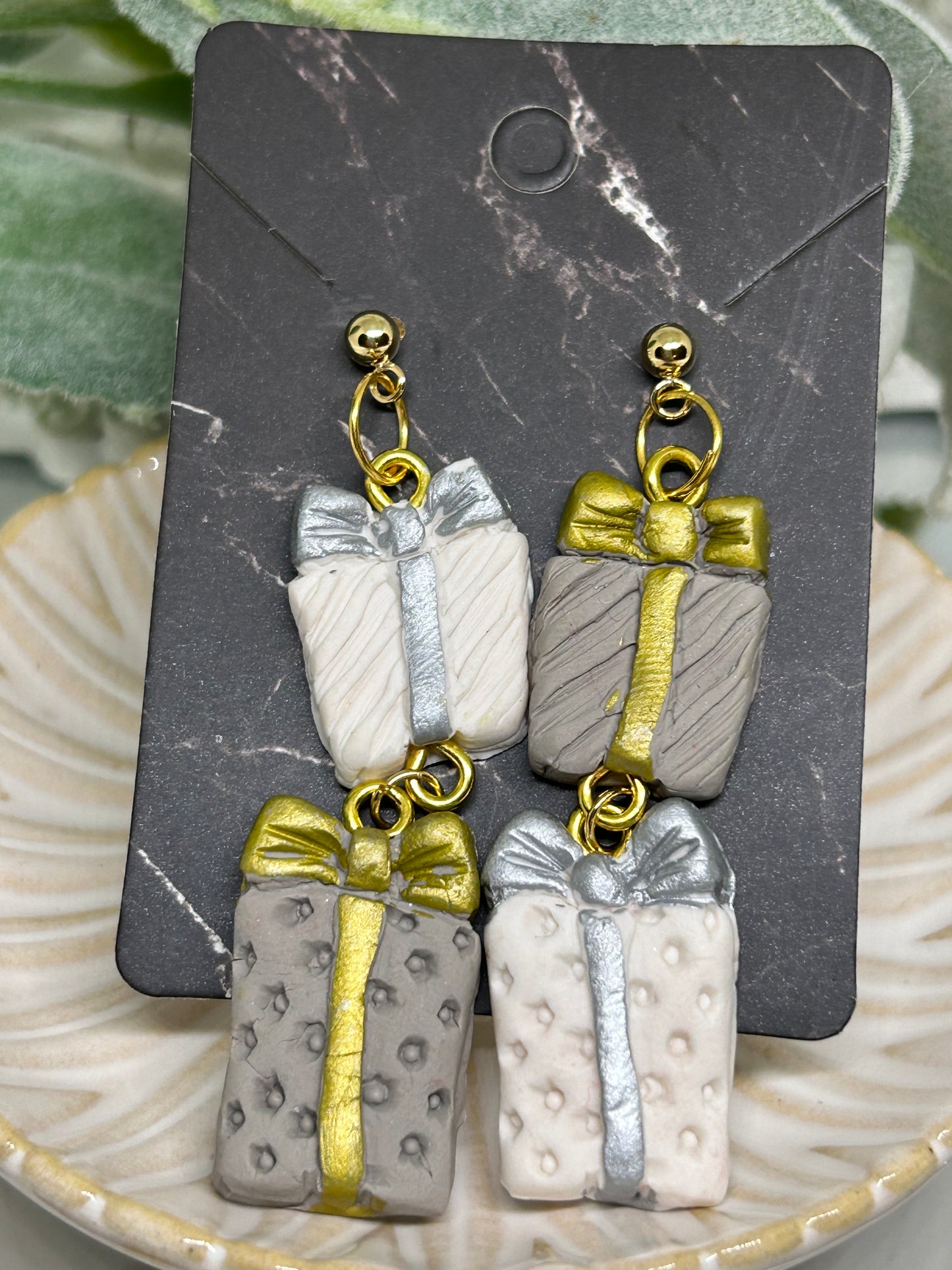 Gold and silver holiday Gift box dangle earrings jewelry gift for her