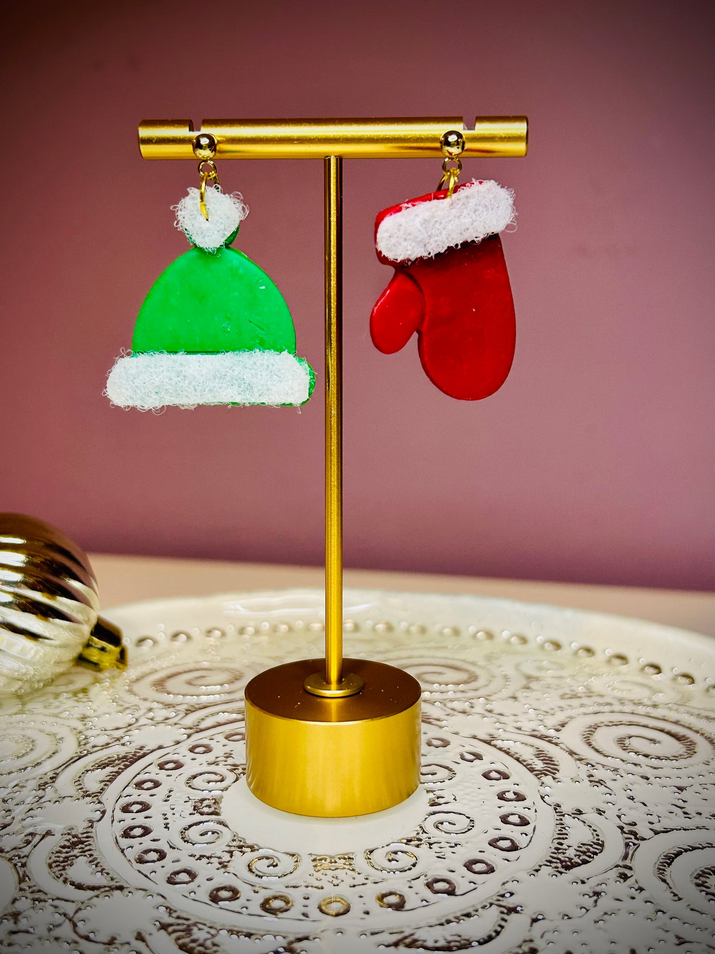 Green and red Hat and mitten dangle earrings for pierced ears