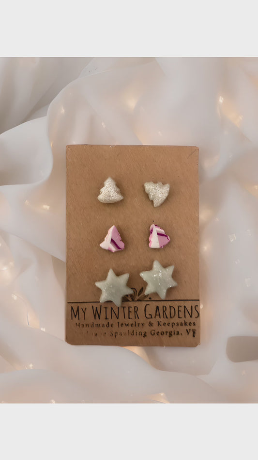 Earring stud triple (3) pack of  sparkling holographic glitter trees, marbled pink and white trees, and holographic silver sparkly stars  gift idea for her/woman/girl pierced earrings